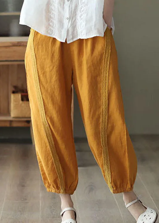Chic Yellow Pockets Patchwork Linen Harem Pants Summer LY0228