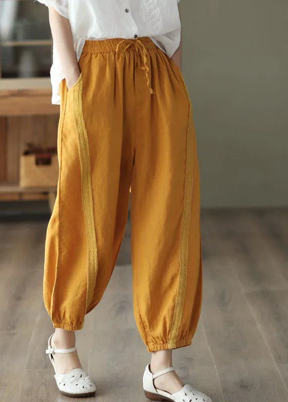 Chic Yellow Pockets Patchwork Linen Harem Pants Summer LY0228