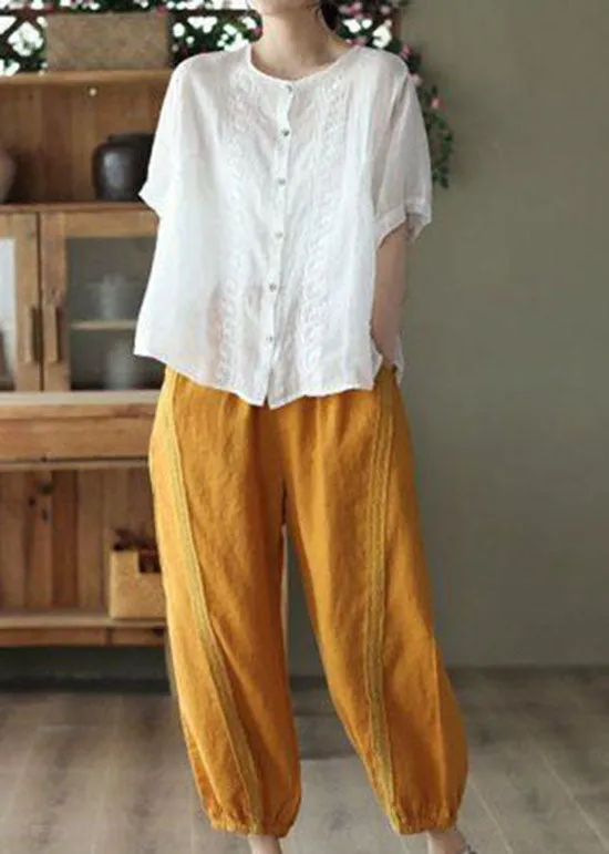 Chic Yellow Pockets Patchwork Linen Harem Pants Summer LY0228
