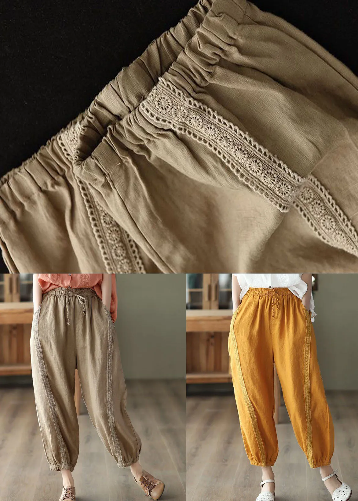 Chic Yellow Pockets Patchwork Linen Harem Pants Summer LY0228