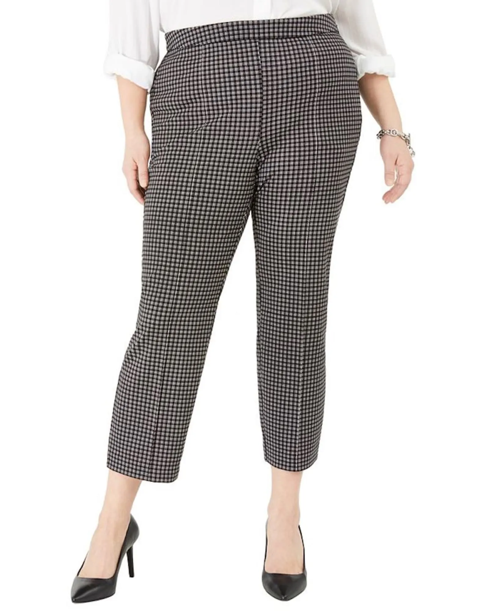 Michael Kors Women's  Check Print Side Zip Cropped Pants Silver  1X | Silver