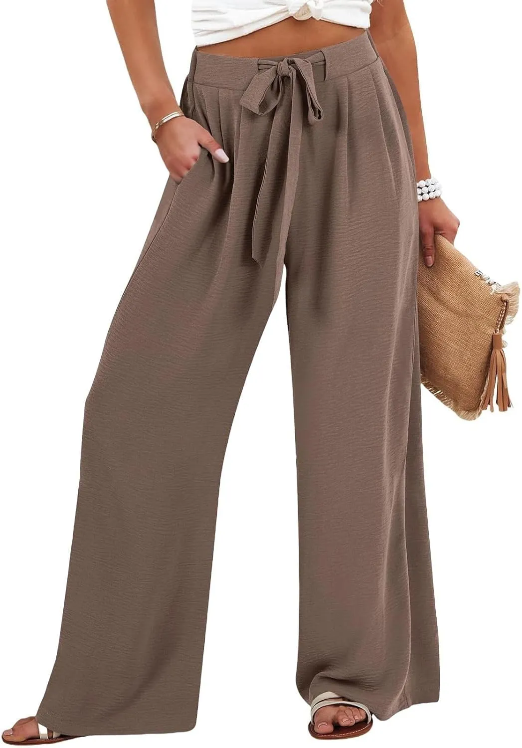 Summer Women High Waisted Cotton Linen Palazzo Pants Wide Leg Lounge Long Pant Trousers with Pocket