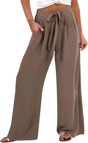 Summer Women High Waisted Cotton Linen Palazzo Pants Wide Leg Lounge Long Pant Trousers with Pocket