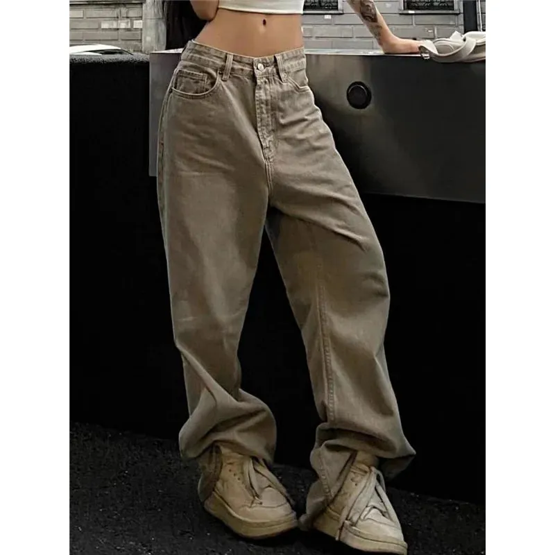TAVIMART  -  Women's Casual Retro Wide Leg Baggy Denim Trouser Harajuku Solid High Waist Loose Jeans Autumn American Vintage Pants