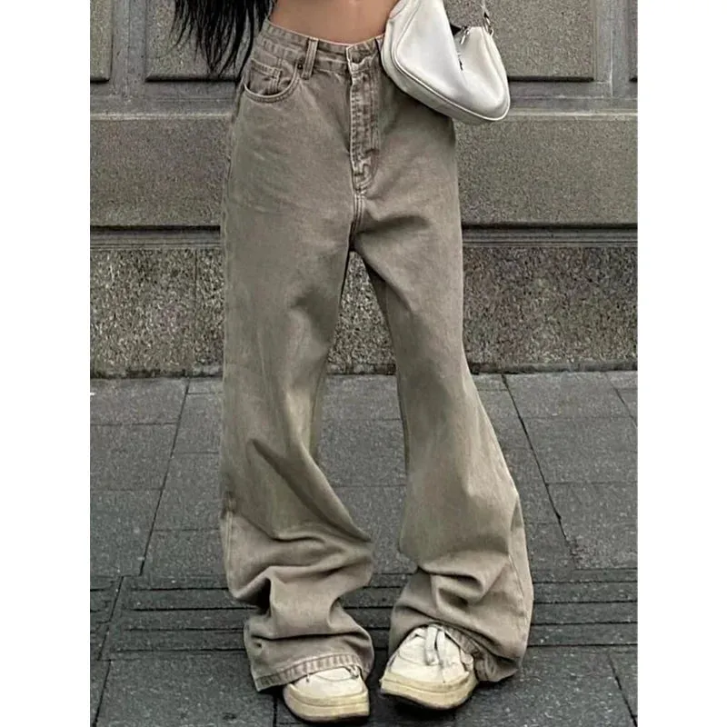 TAVIMART  -  Women's Casual Retro Wide Leg Baggy Denim Trouser Harajuku Solid High Waist Loose Jeans Autumn American Vintage Pants