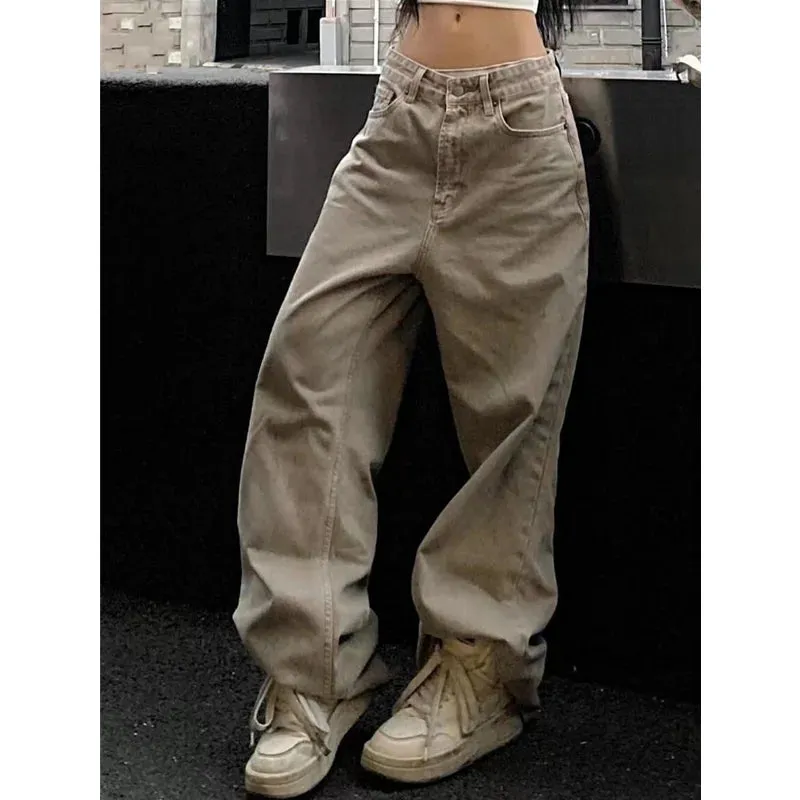 TAVIMART  -  Women's Casual Retro Wide Leg Baggy Denim Trouser Harajuku Solid High Waist Loose Jeans Autumn American Vintage Pants