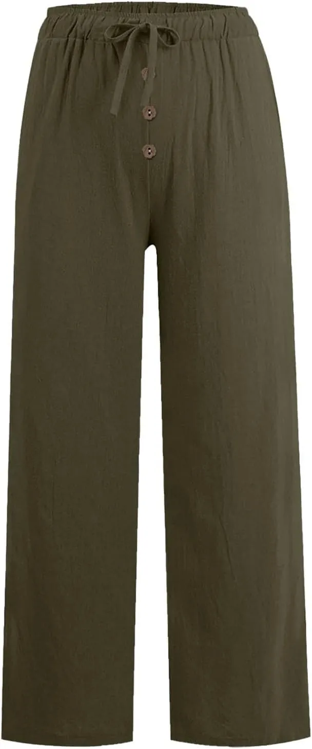 Women Linen Palazzo Pants Wide Leg Flowy Hem Pant Beach Vacation Clothes Casual Lounge Outfits