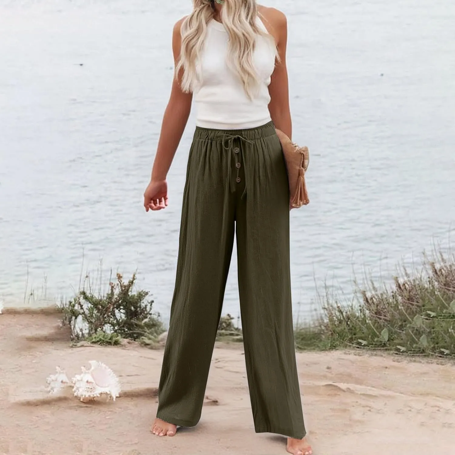 Women Linen Palazzo Pants Wide Leg Flowy Hem Pant Beach Vacation Clothes Casual Lounge Outfits
