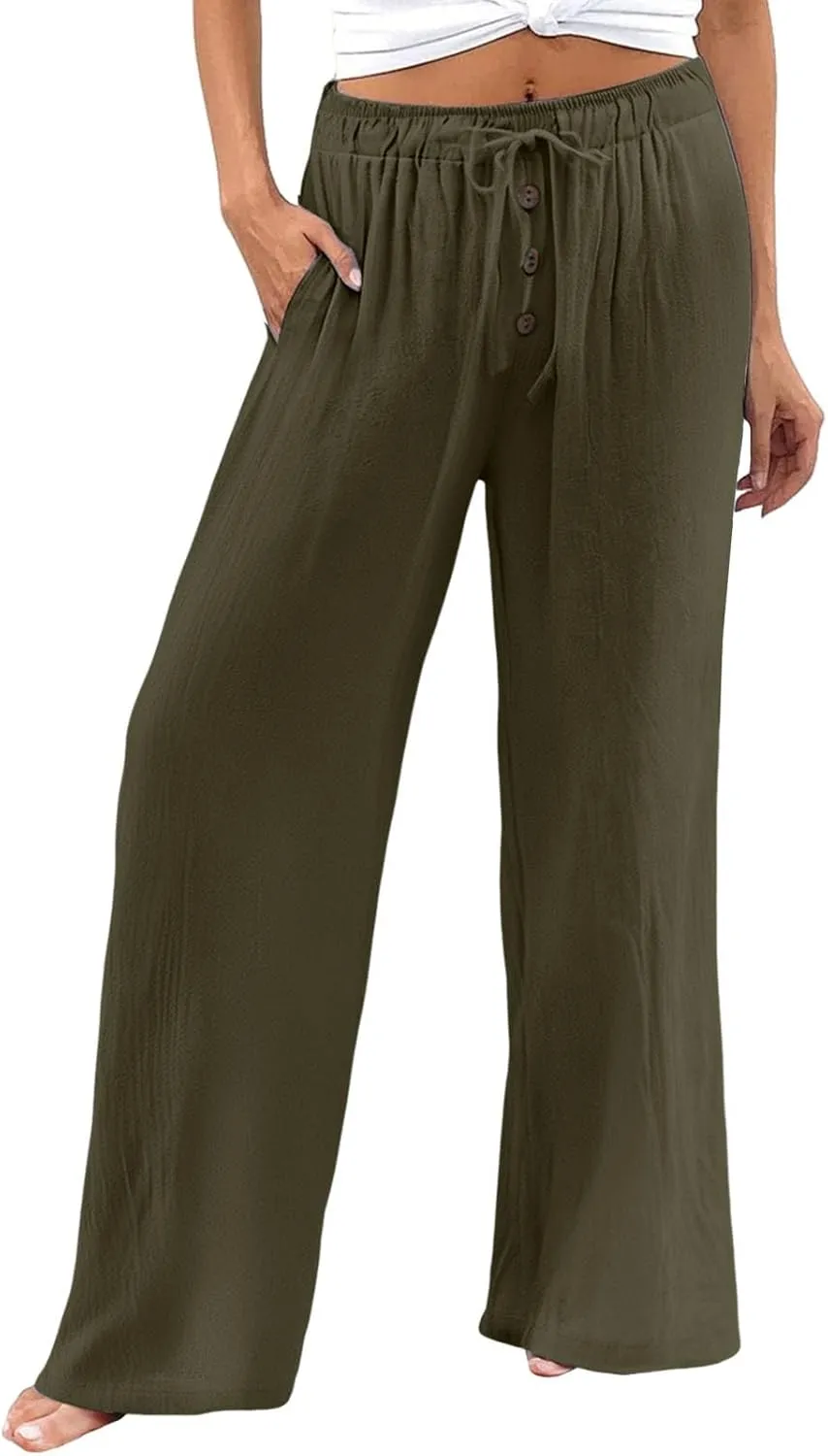 Women Linen Palazzo Pants Wide Leg Flowy Hem Pant Beach Vacation Clothes Casual Lounge Outfits