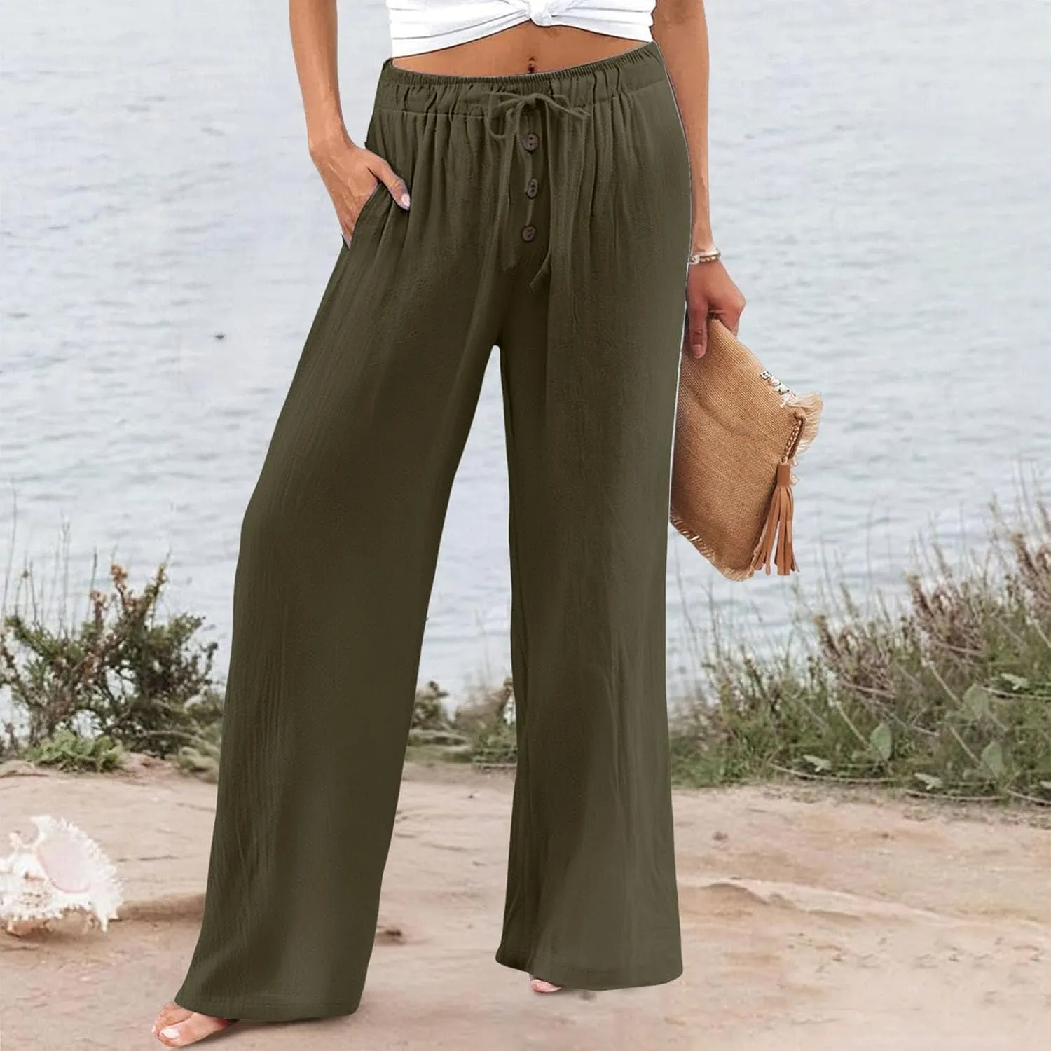Women Linen Palazzo Pants Wide Leg Flowy Hem Pant Beach Vacation Clothes Casual Lounge Outfits