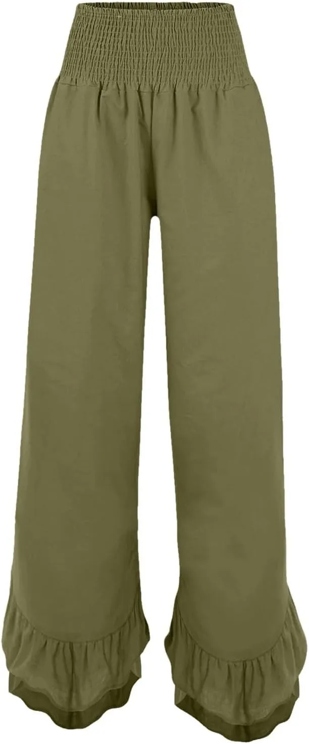 Women Summer High Waisted Cotton Linen Palazzo Pants Wide Leg Long Lounge Pant Trousers with Pocket