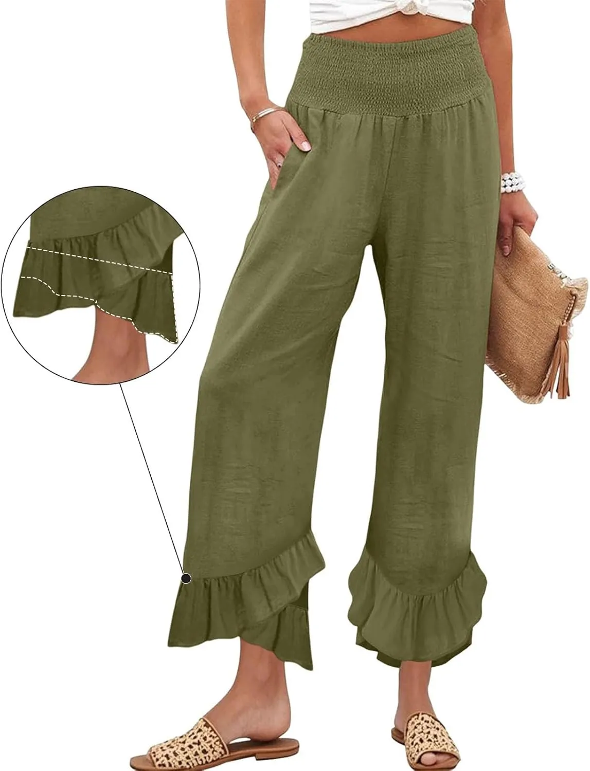 Women Summer High Waisted Cotton Linen Palazzo Pants Wide Leg Long Lounge Pant Trousers with Pocket