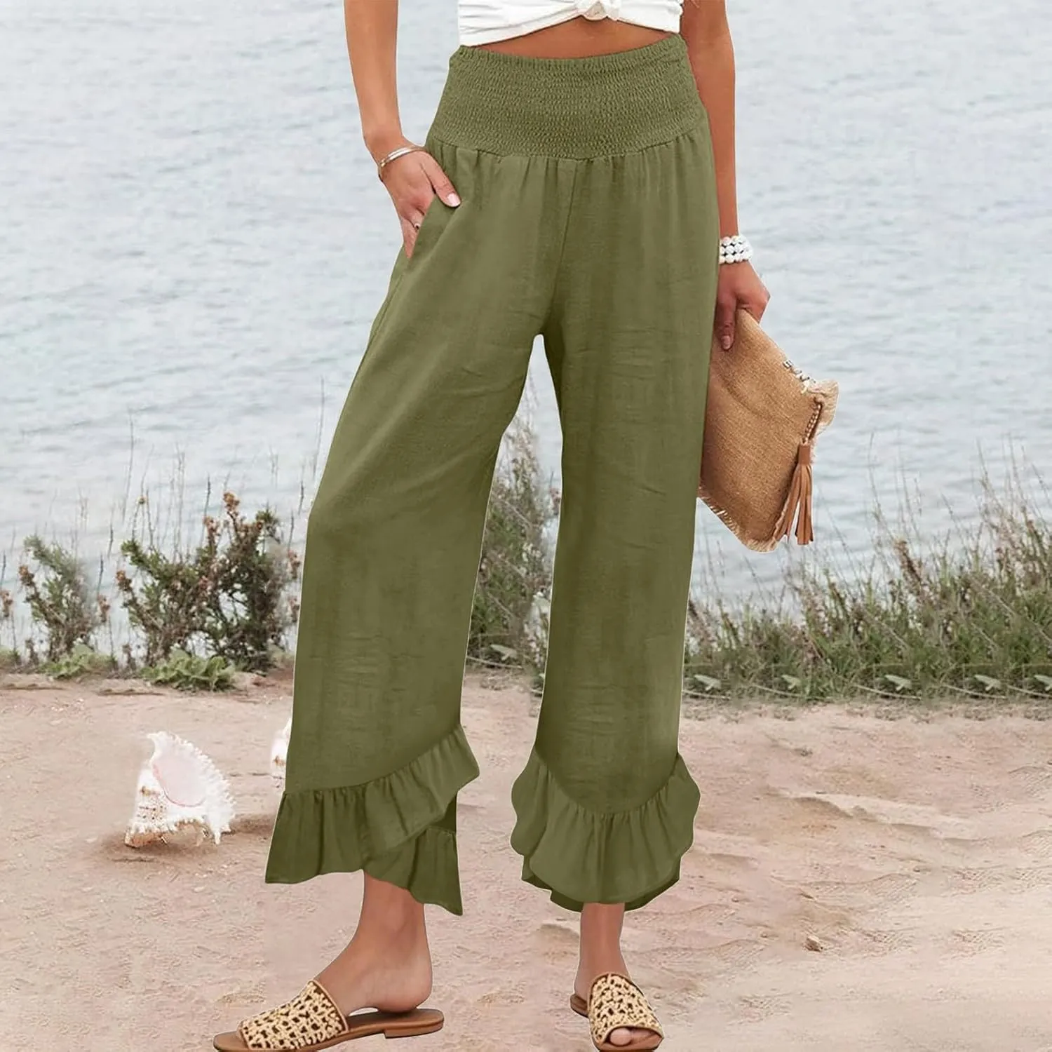 Women Summer High Waisted Cotton Linen Palazzo Pants Wide Leg Long Lounge Pant Trousers with Pocket