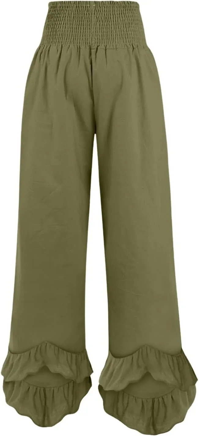 Women Summer High Waisted Cotton Linen Palazzo Pants Wide Leg Long Lounge Pant Trousers with Pocket