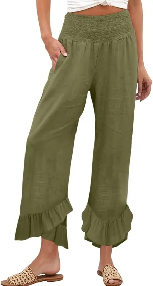 Women Summer High Waisted Cotton Linen Palazzo Pants Wide Leg Long Lounge Pant Trousers with Pocket